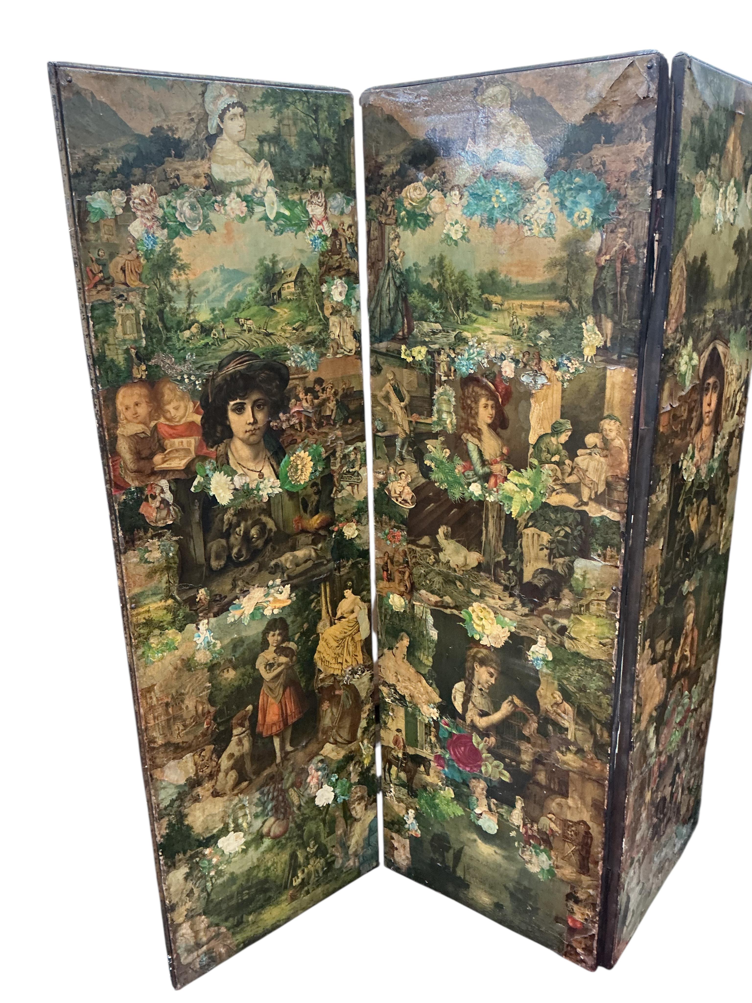 A Victorian four fold scrap screen, each panel width 54cm, height 169cm